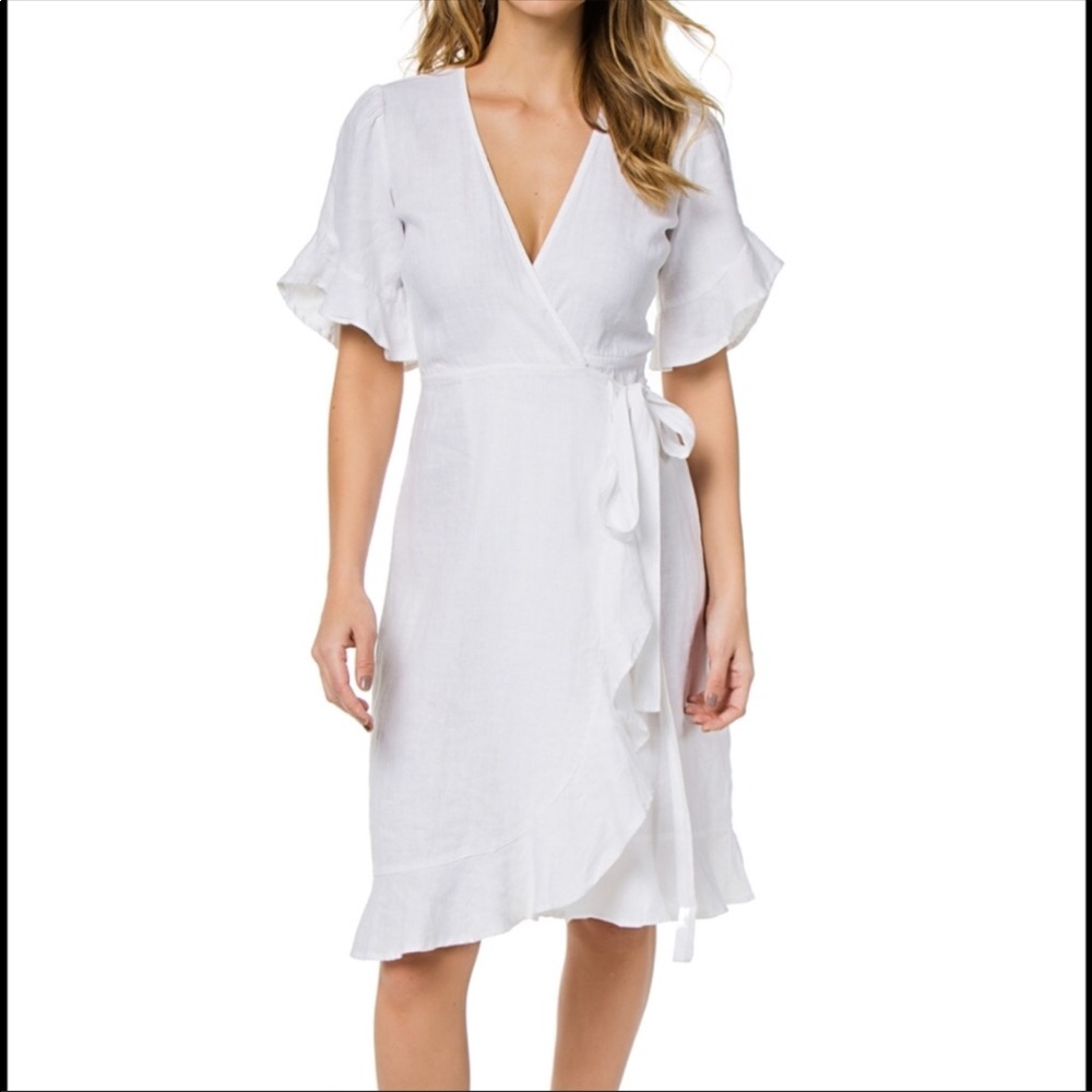 HONORINE white linen wrap dress